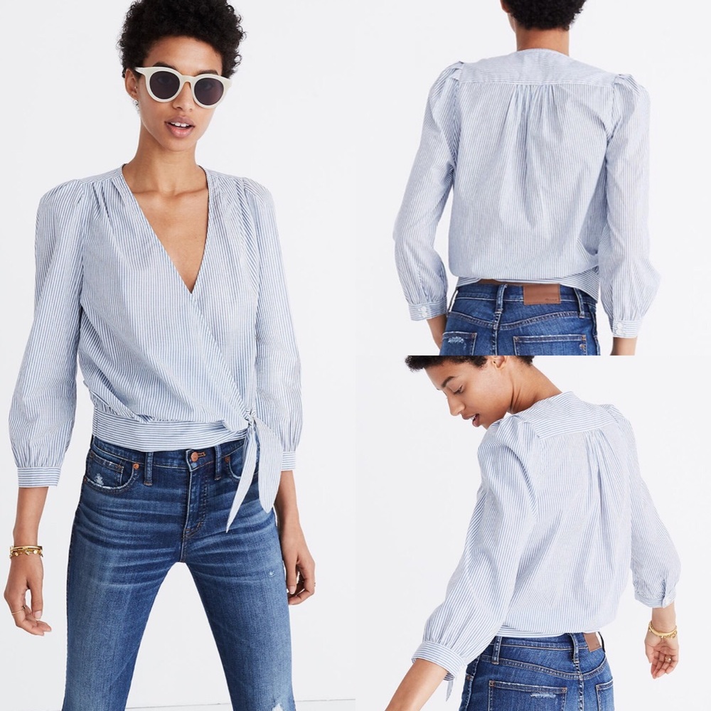 Madewell Indigo Stripe Wrap Top, Size Small